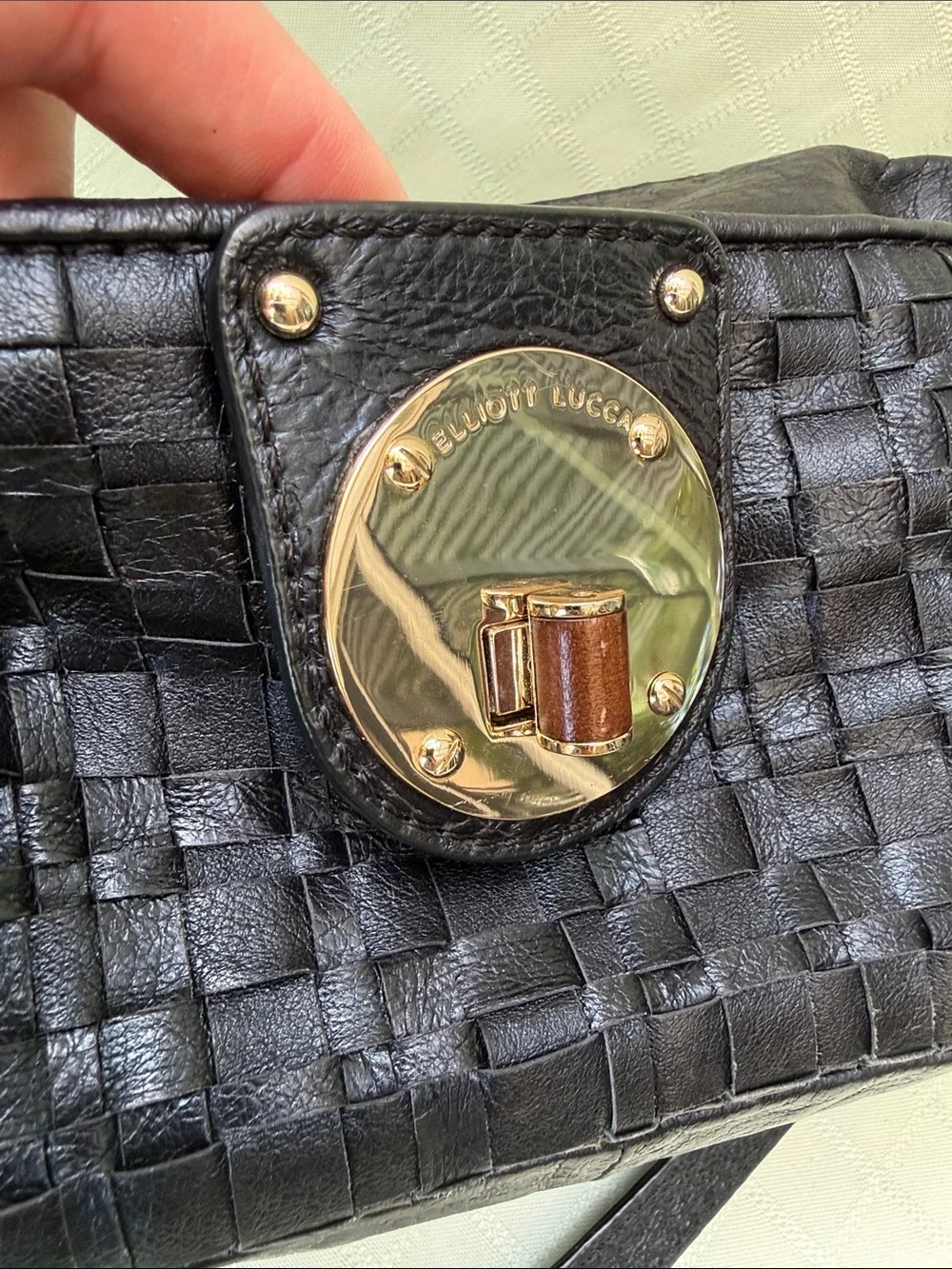 Vintage Elliott Lucca Black Woven Leather Crossbody Bag with Gold Accent